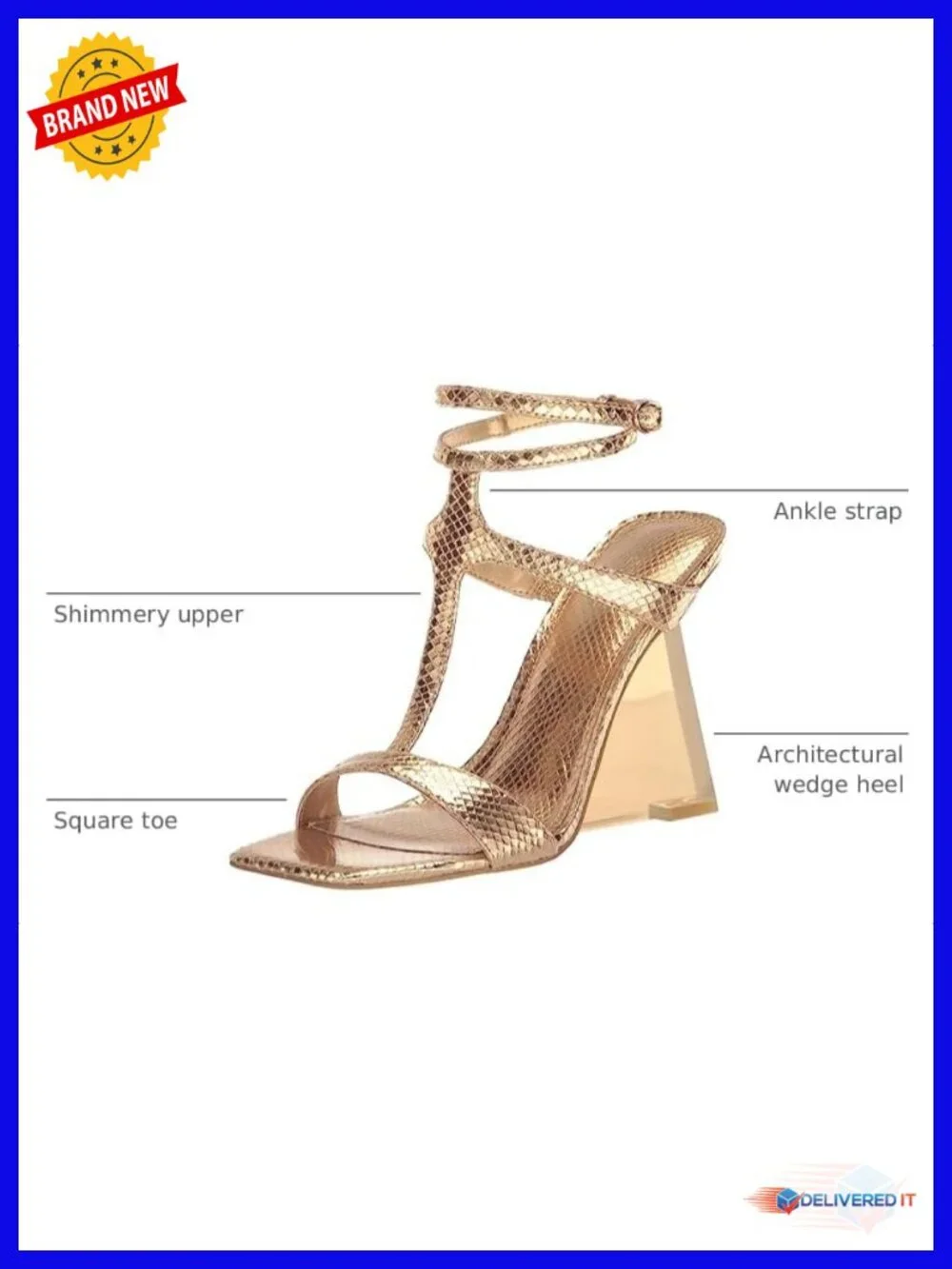 Shimmery Square Toe Wedge Sandal with Ankle Strap